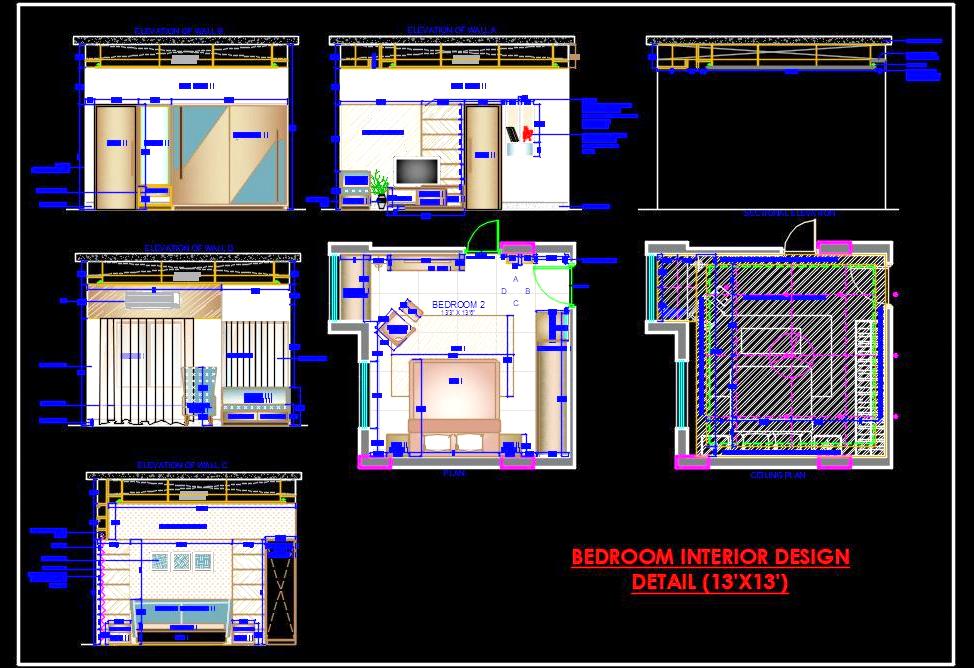 Modern Bedroom Interior Design Detailed CAD Drawing (13'x13')